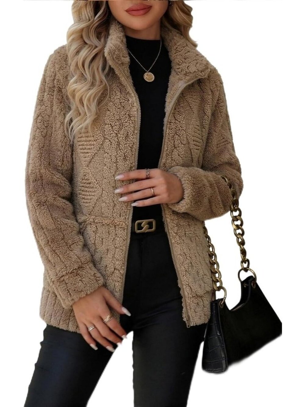 Women's Diamond Khaki Zip Stand Collar Fleece Sherpa Pockets long sleeve Jacket
